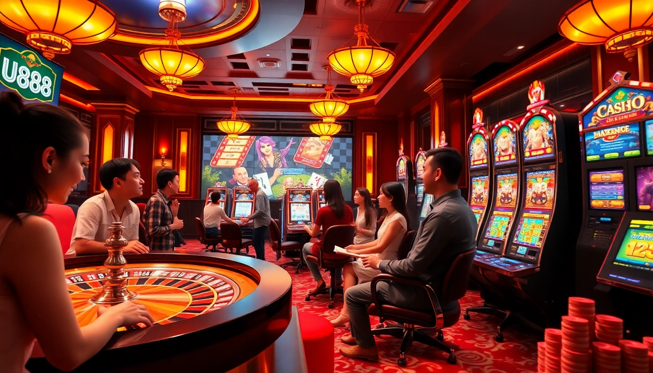 U888 online casino scene with players enjoying roulette and slots in luxurious ambiance.