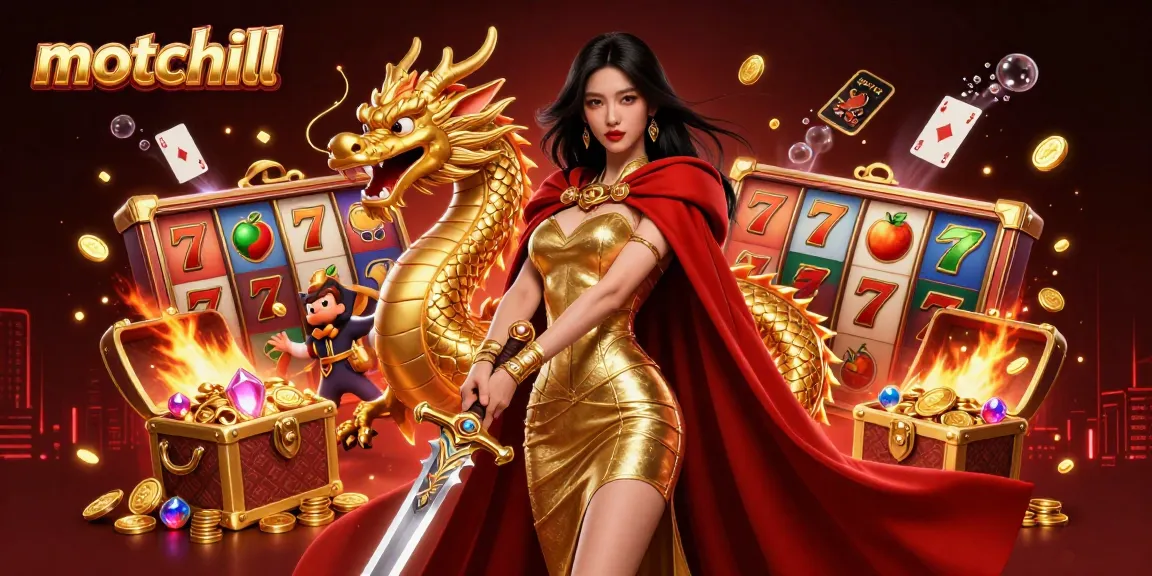 Experience the excitement of motchill with this immersive casino scene featuring a warrior queen and golden treasures.