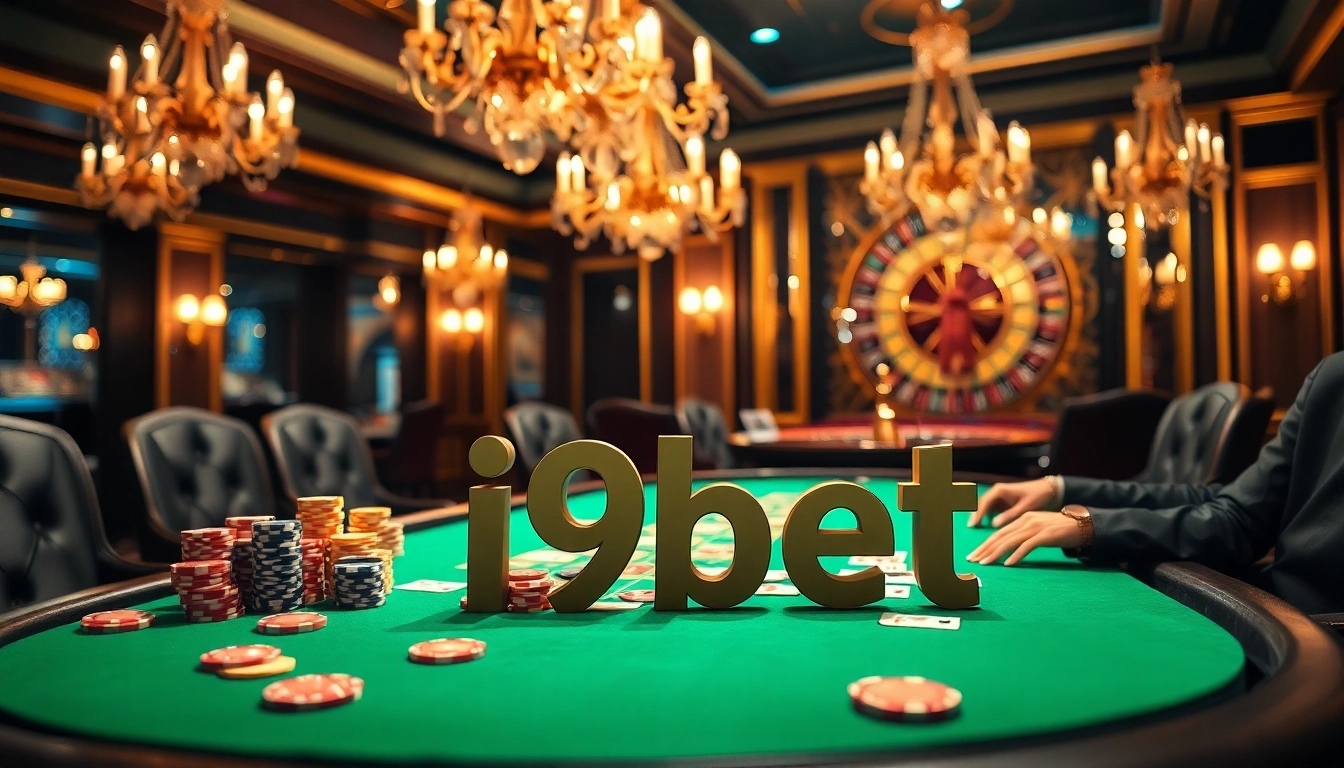 Players experiencing high-stakes excitement at i9bet's luxurious poker table in a vibrant casino.