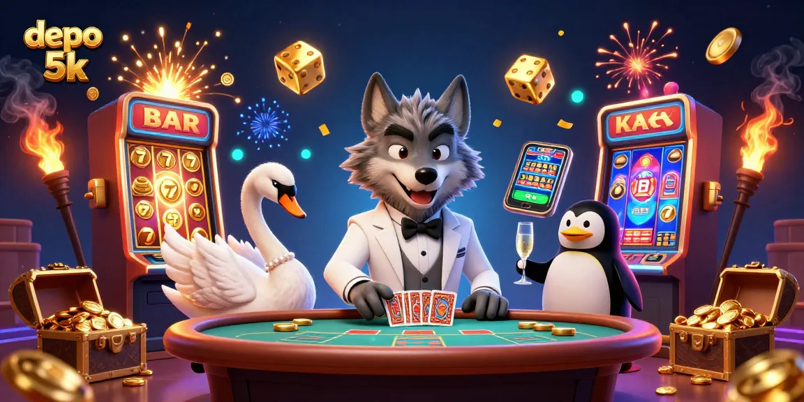 Play on depo 5k slots with animated casino characters amid a vibrant jackpot scene.