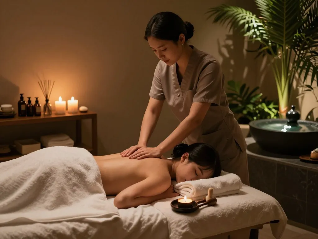 Relaxing 강남마사지 experience in a lush spa setting with soft lighting and nature elements.