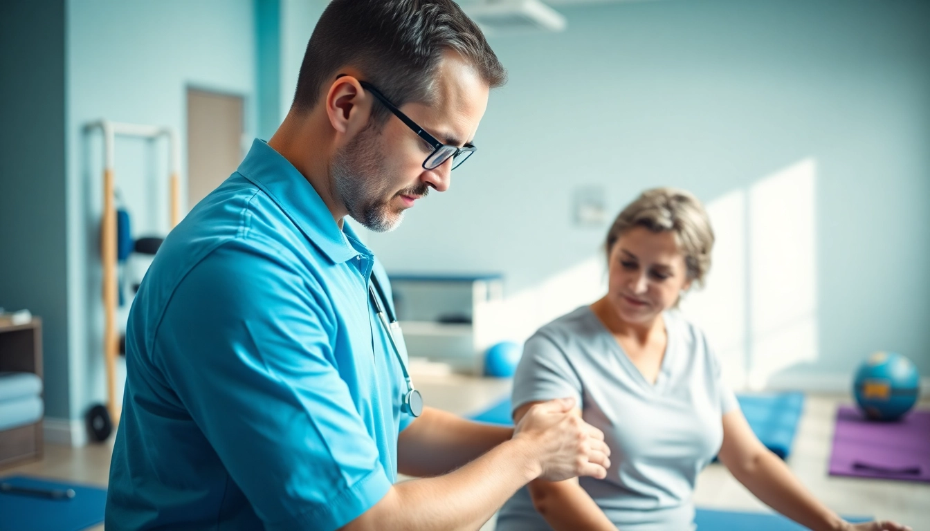 Physiotherapy Edmonton session with a therapist assisting a patient, showcasing rehabilitation techniques.