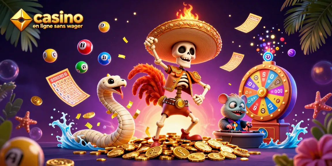 Vivez l'expérience du casino en ligne sans wager avec une illustration dynamique de personnages et éléments de jeu.