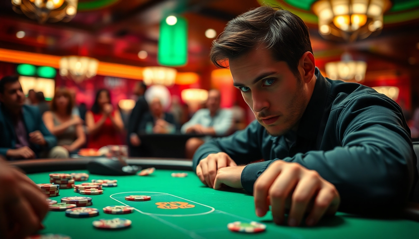 Permainan situs toto kasino yang menarik dengan pemain bertaruh di meja poker.