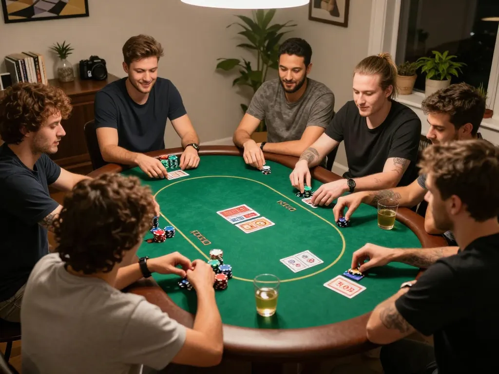 Friends enjoying a thrilling poker night with sc88 cards and chips, captured in a cozy home setting.