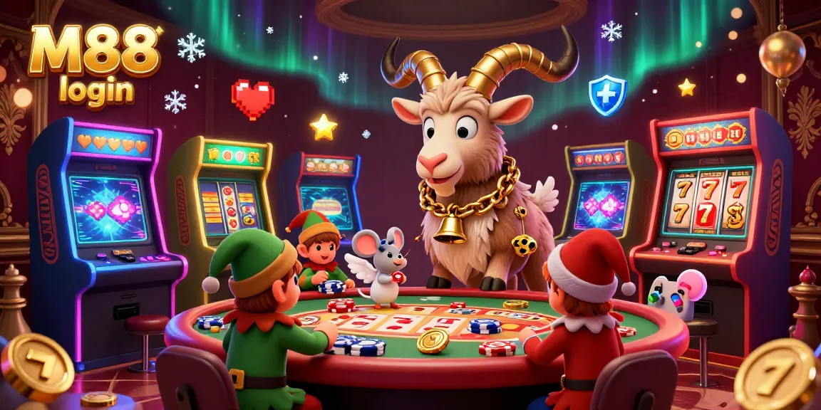 M88 login scene with Krampus goat and angel mouse in a festive casino, showcasing engaging gameplay.