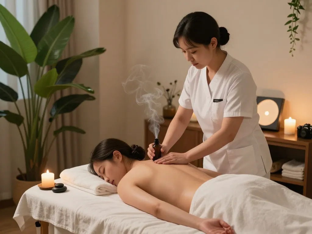 Relaxing 인계동마사지 session with therapist applying essential oils in a tranquil therapy room.