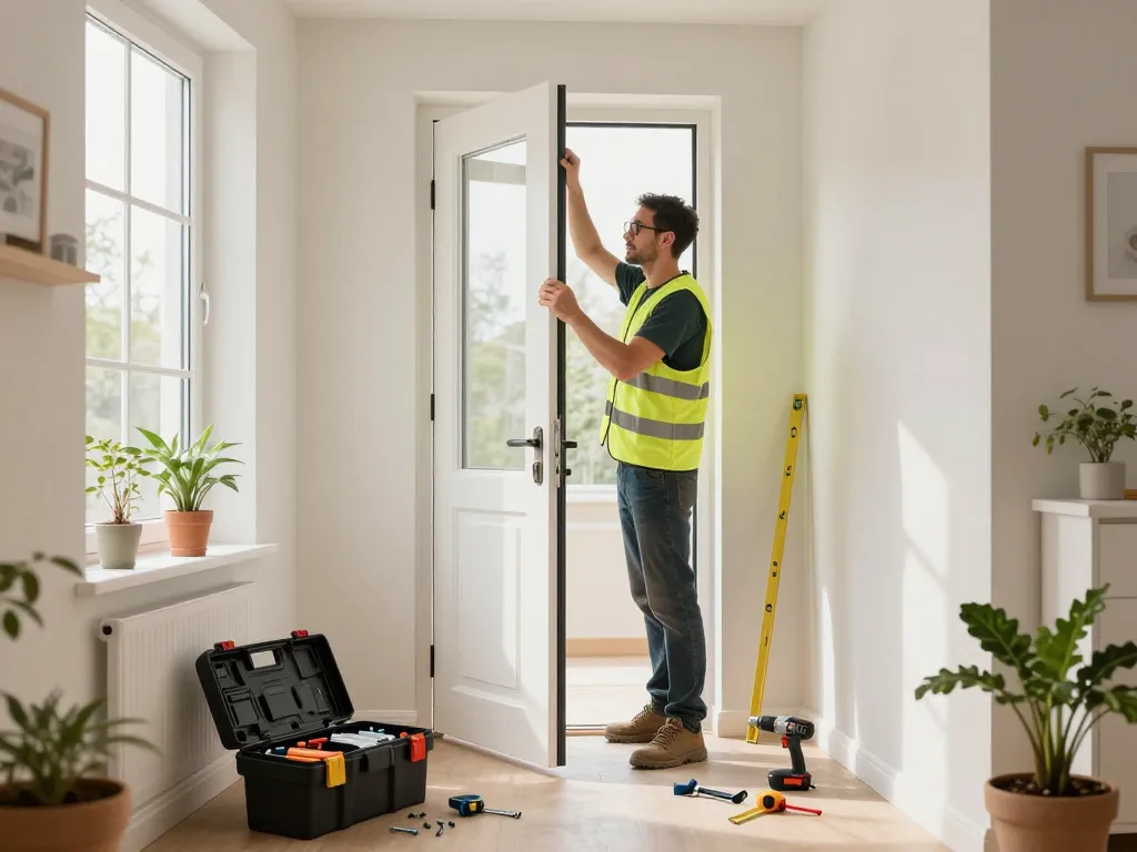 Installation einer Nebeneingangstür in einem hellen Flur mit einem Handwerker bei der Arbeit.