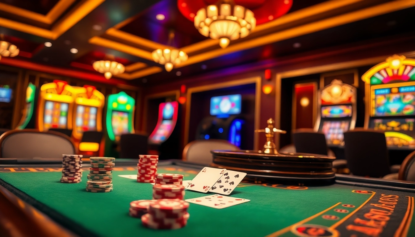 Tập đoàn KJC showcases a vibrant casino atmosphere with poker chips, cards, and a roulette wheel.