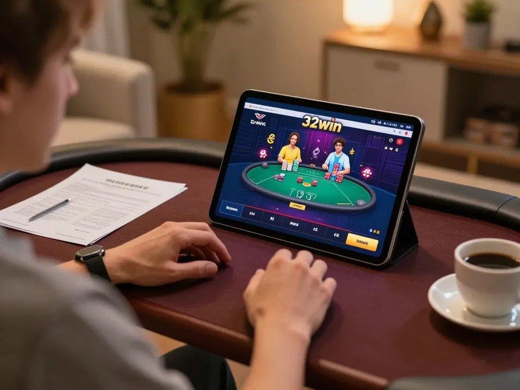 32win player engaged in online gaming session with tablet, showcasing strategic poker gameplay.