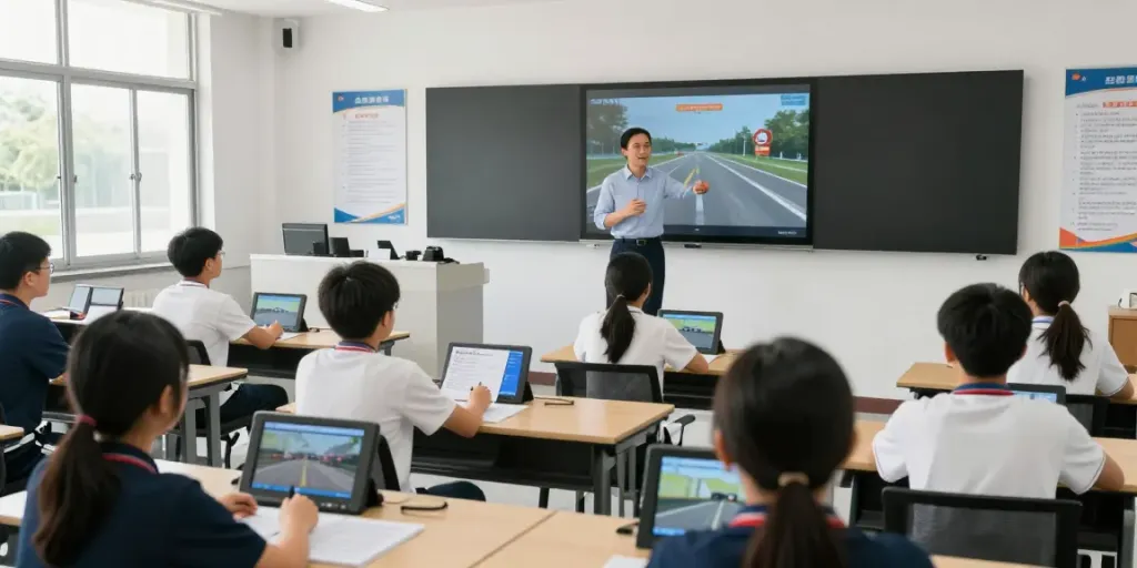 Driving school classroom with students learning about auto skills in a modern environment, автошкола education.