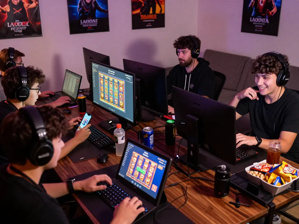 Para pemain menikmati permainan di platform laoban188 dalam pengaturan gaming di rumah yang hidup