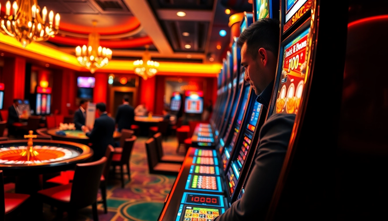 Pemain yang melakukan taruhan slot 100 di tengah suasana kasino mewah.