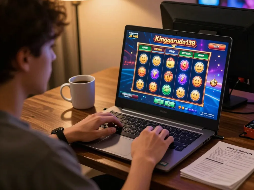 Playing lively kinggaruda138 online slot machines on a laptop in a cozy home setting