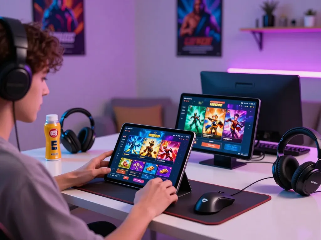Exciting online gaming experience with mantra88 app on tablet amidst vibrant gaming setup.