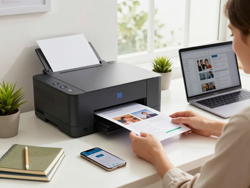 Smart printer in a modern office setting with documents and laptop, showcasing efficient printing.