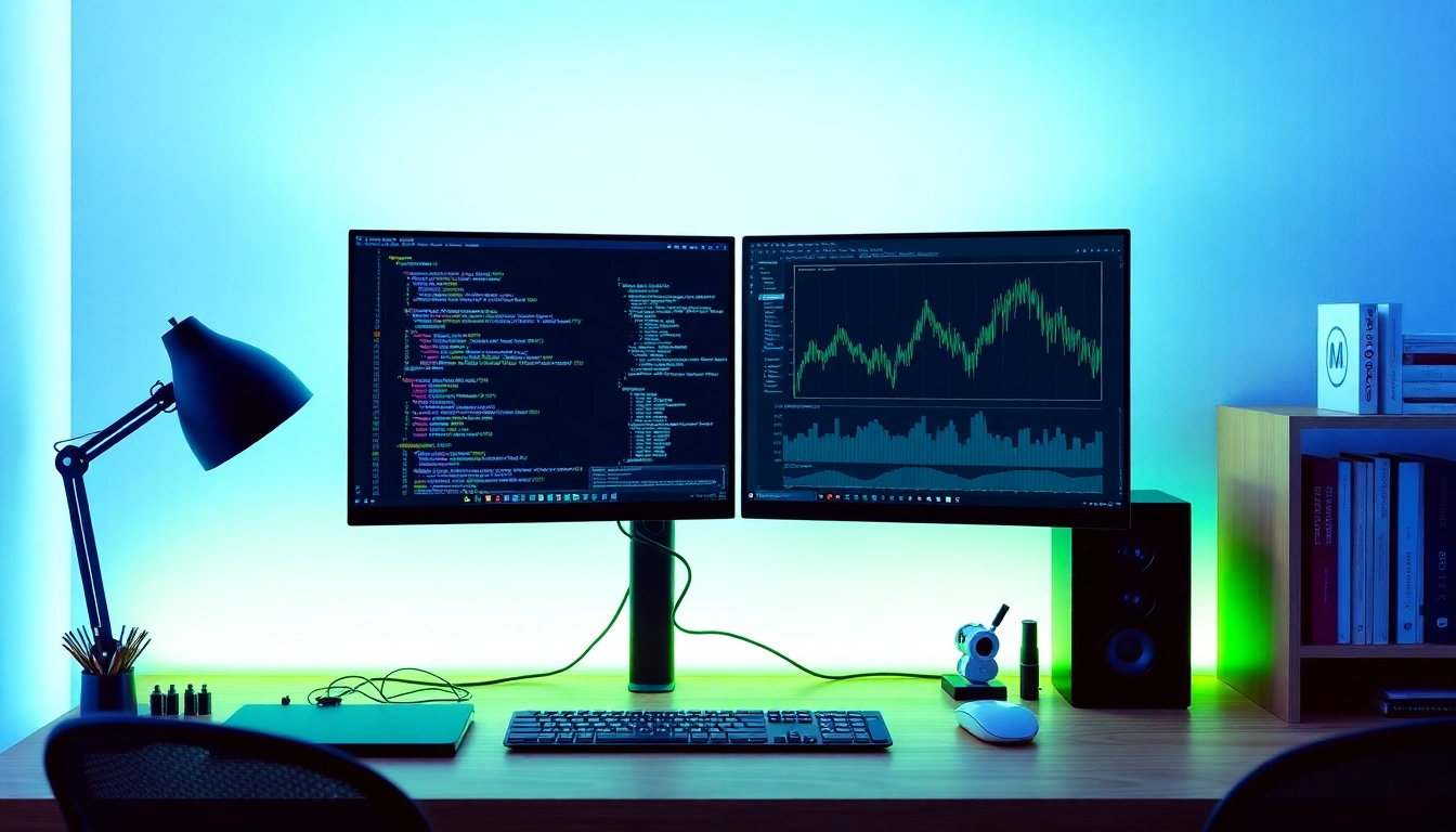 Software engineering workspace featuring dual monitors with Amazon price tracking data and code, conveying innovation and professionalism.