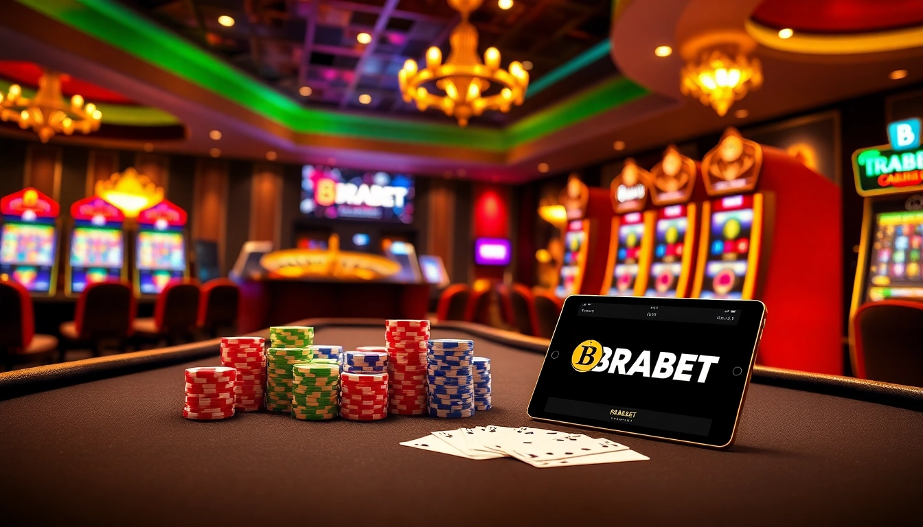 Experience the thrill of BRABET Casino with vibrant poker chips and roulette wheels.