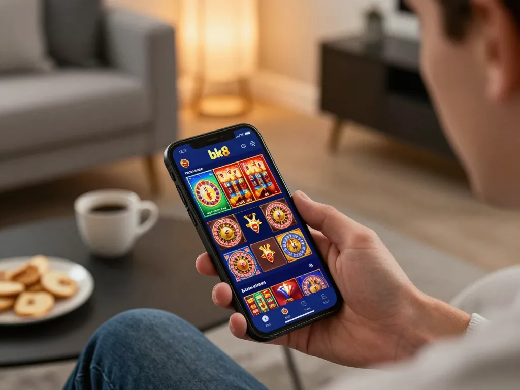 Player enjoying a mobile bk8 casino game, showcasing engaging options in a cozy home setting.