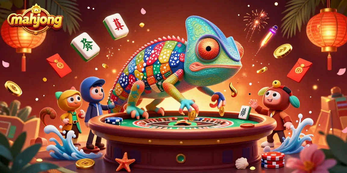 Experience thrilling mahjong action with a vibrant casino theme featuring a chameleon owner.