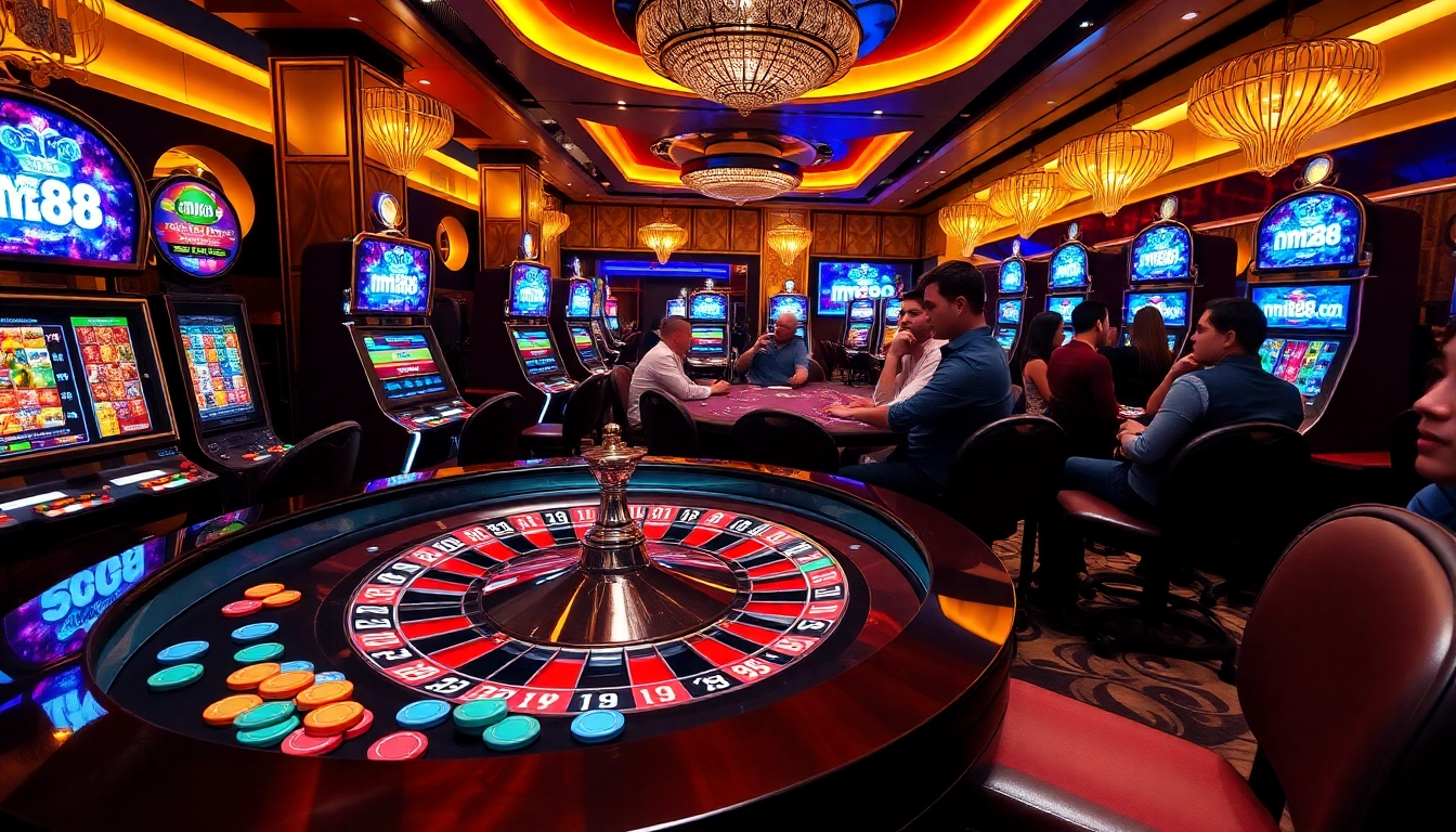 Engaged players at a vibrant casino featuring mm88.com logo, roulette, and poker action.