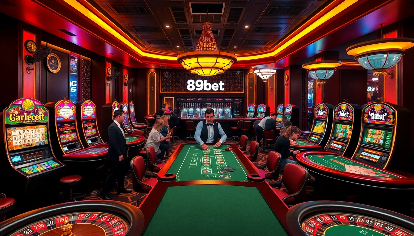 Gamblers enjoying various games in a luxurious casino environment featuring 89bet branding.