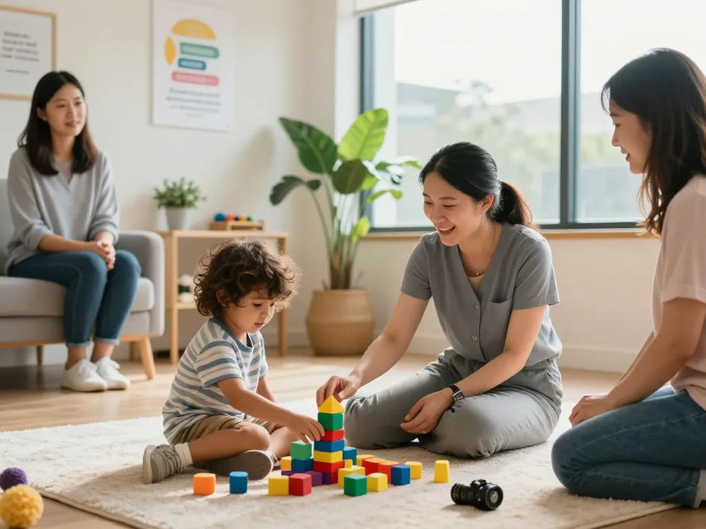 Engaging Occupational Therapy Sydney scene with therapist and child using sensory toys, fostering a supportive and inviting atmosphere.