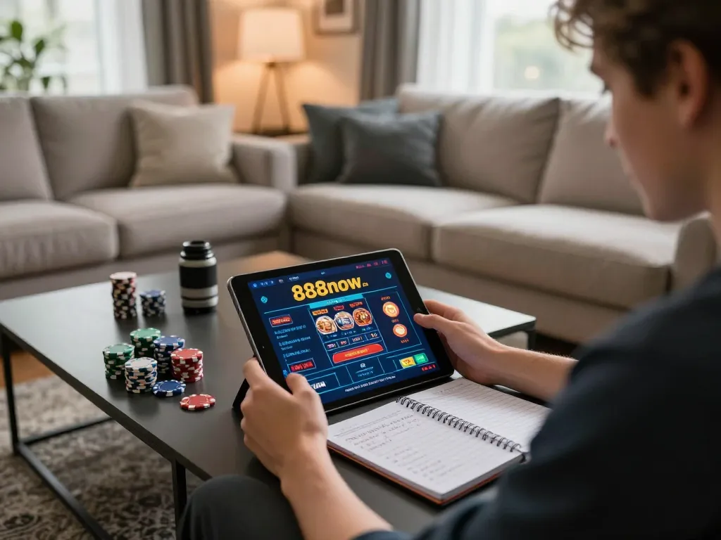 Experience the thrill of online betting with 888now com on a tablet in a cozy home setting