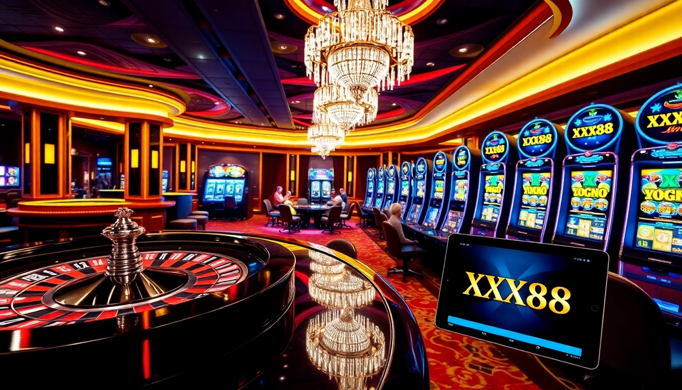 Experience the excitement at XX88's vibrant casino with engaging gaming tables and slot machines.