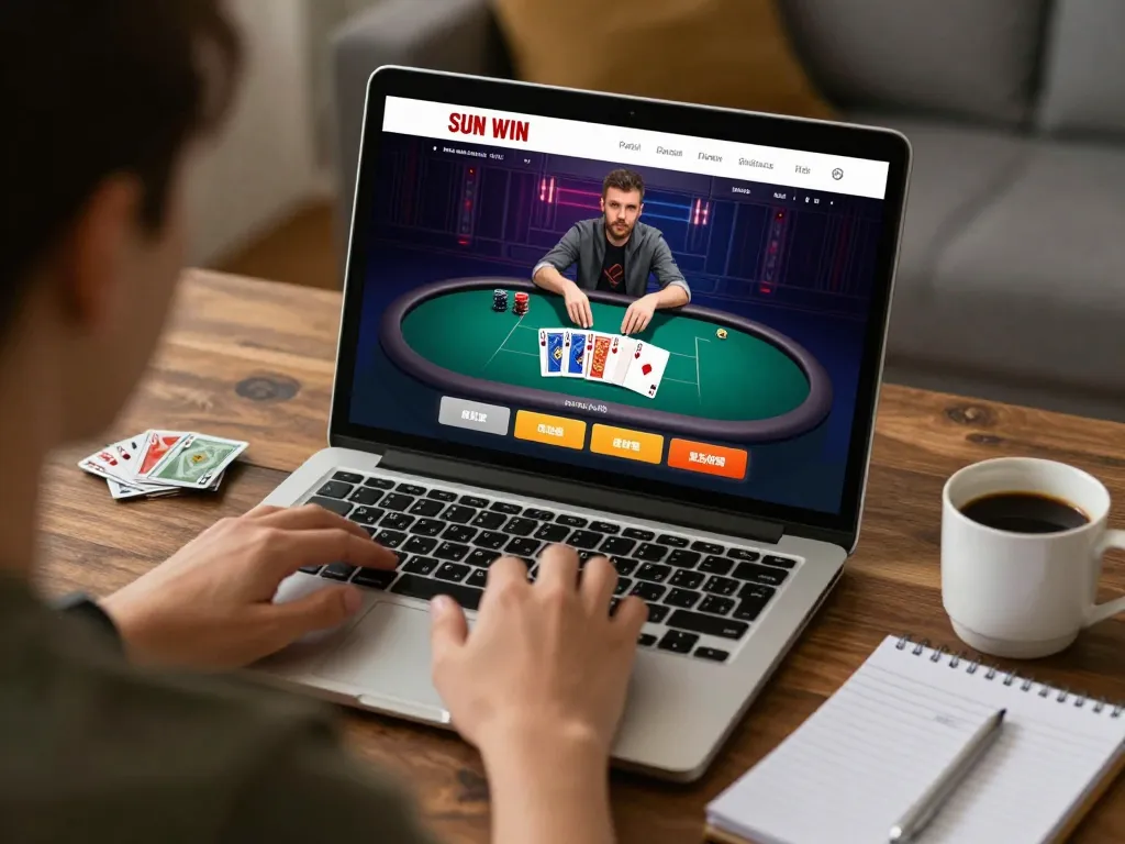 SUN WIN player engaging in online poker at home with strategy notes and coffee.
