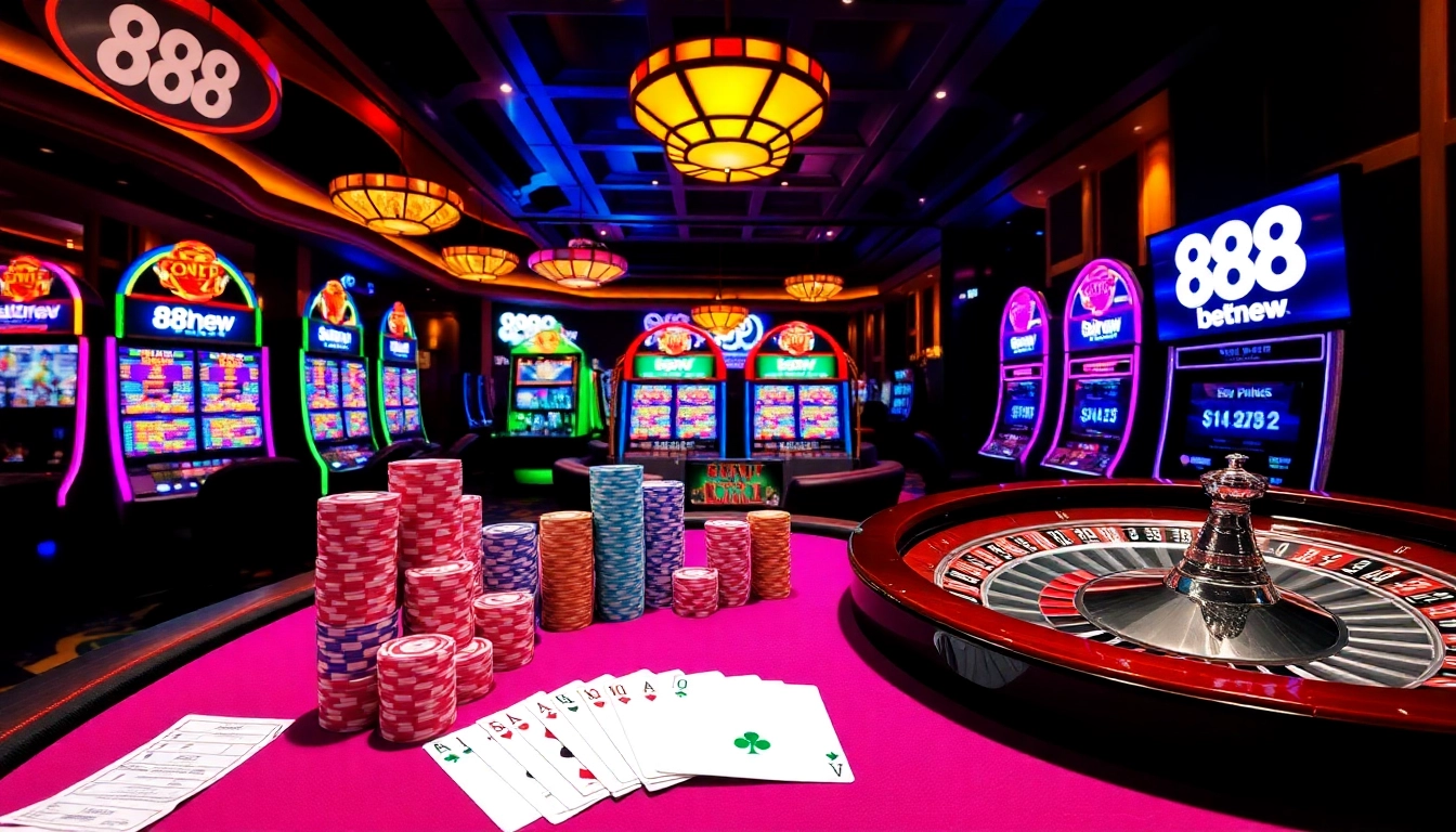 Enhance your gaming experience with 888new's vibrant casino atmosphere featuring poker and slot machines.