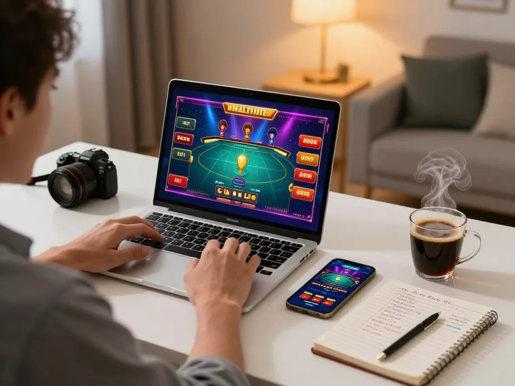 Engaging player strategizing on tg88 online gaming platform with laptop setup and betting notes.