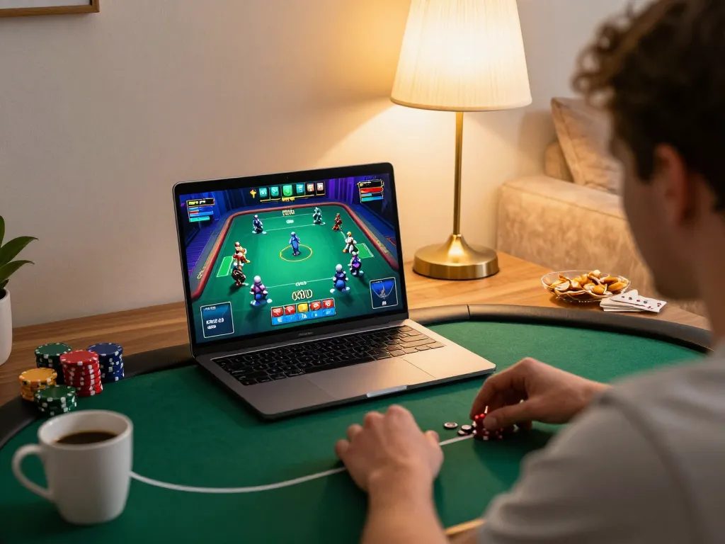 G28 player immerses in an online poker game, showcasing interactive gameplay and a cozy environment.