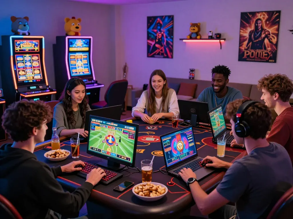 Friends enjoying online gaming at nhà cái SC88 with vibrant atmosphere.