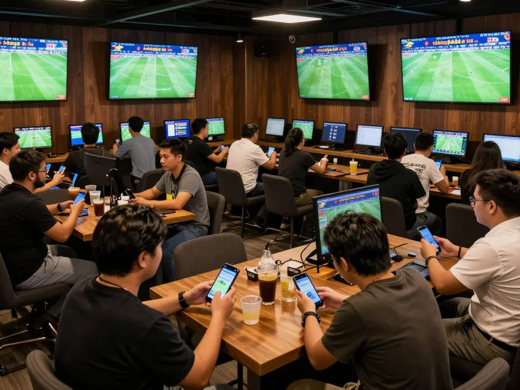bóng đá lu live betting excitement in a vibrant sports lounge with fans using apps and cheering.