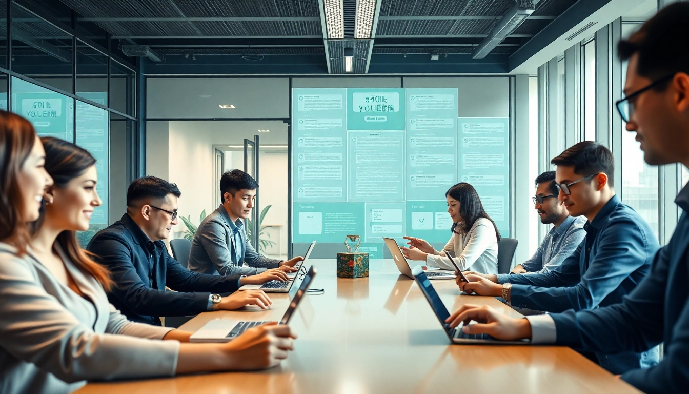 Professional team using youdao翻译 tool for multilingual communication in a modern office.