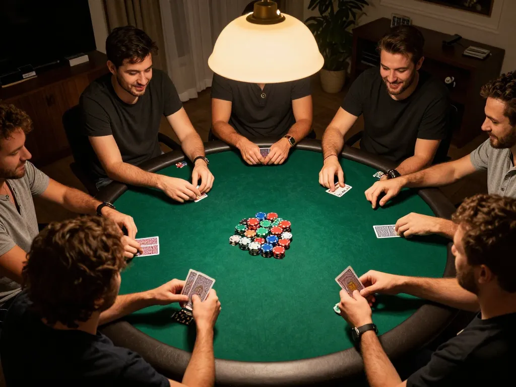 KQBD engaging poker game night with friends, vibrant chips and cards, cozy home atmosphere