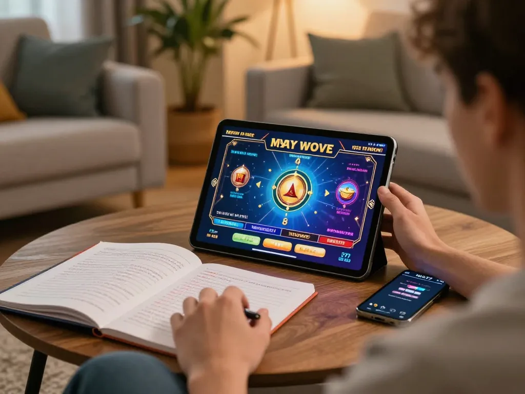 Engaging with alexis77 gaming app on a tablet in a cozy home gaming setup.