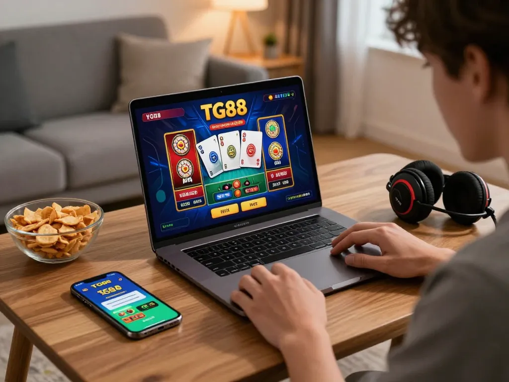 Exciting online betting experience at tg88 com with live casino games and a cozy gaming setup.