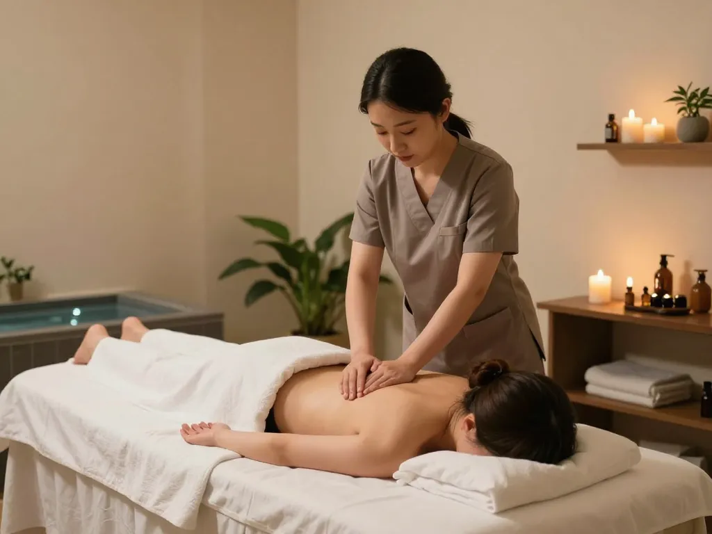 Relaxing 치평동마사지 session in a serene spa environment with calming decor.
