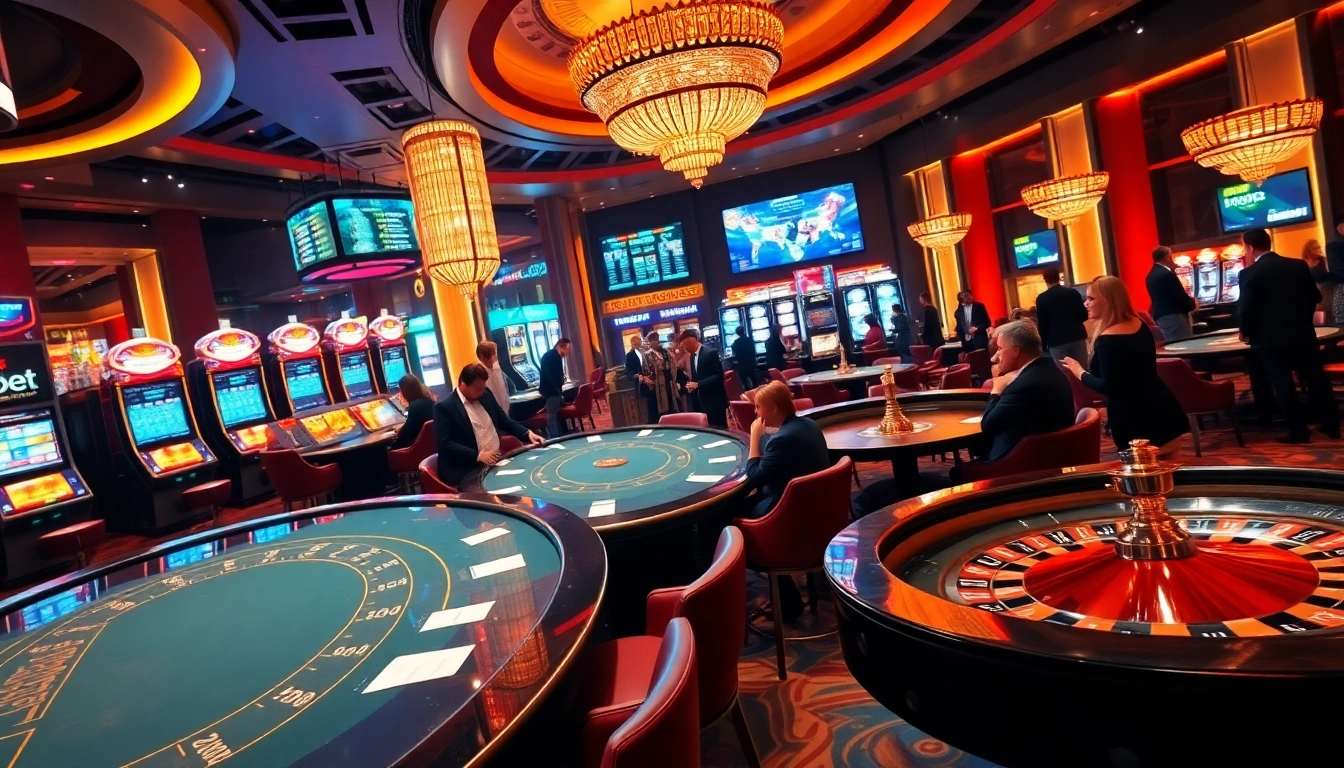 Exciting gambling action at a Soibet casino with tables, slots, and vibrant atmosphere.