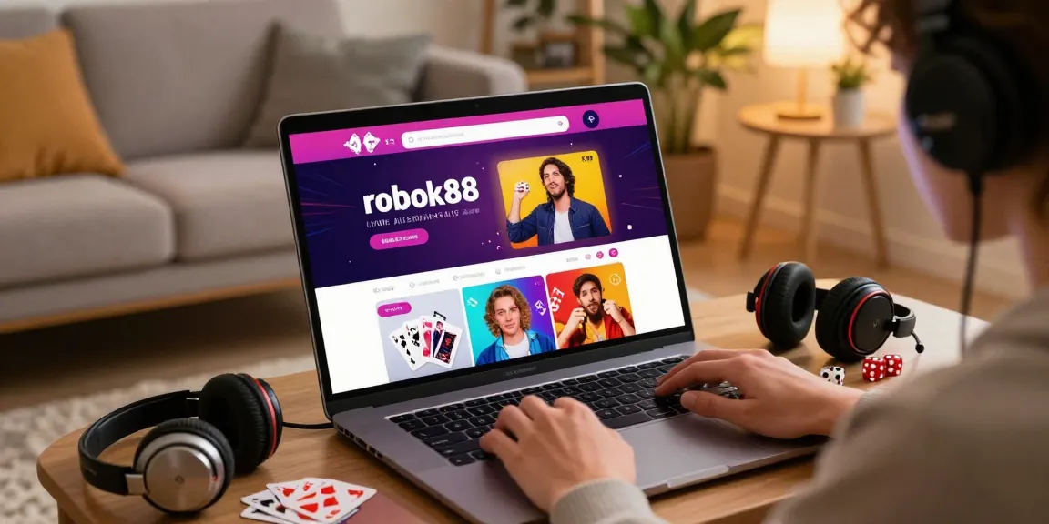 Engaged user exploring rokok88 link alternatif on a laptop in a cozy gaming setup.
