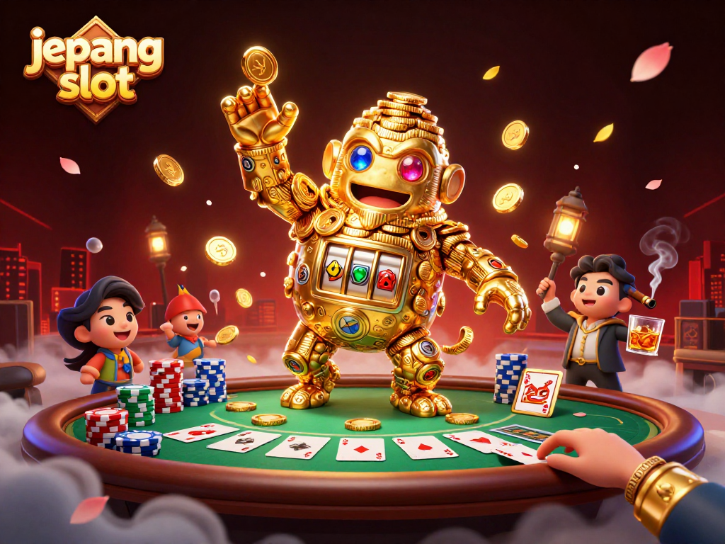 Experience the thrill of jepang slot with a dynamic 3D illustration showcasing golden golems and vibrant casino elements.