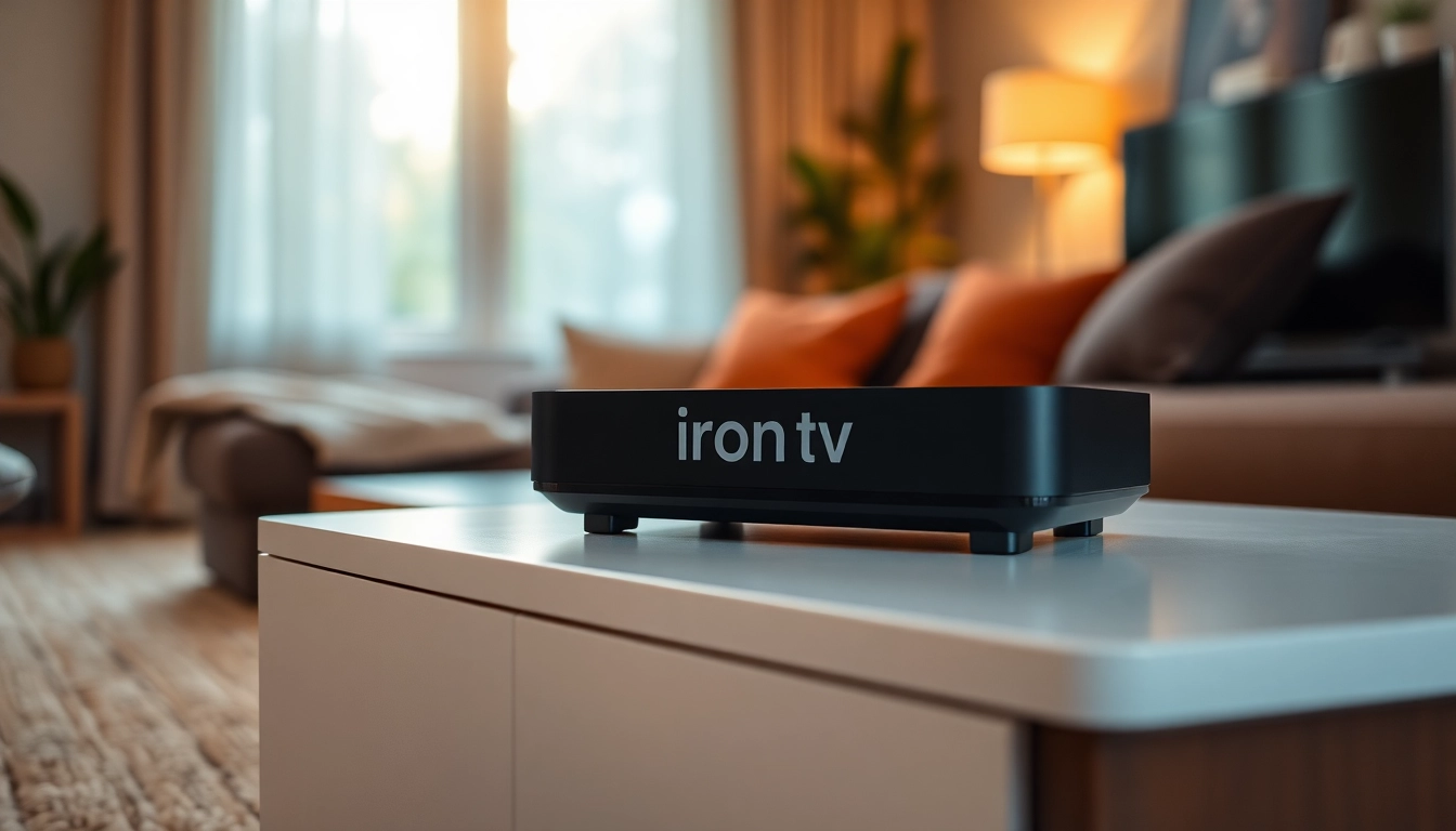 Showcasing iron tv device on a sleek console in a cozy living room setting.