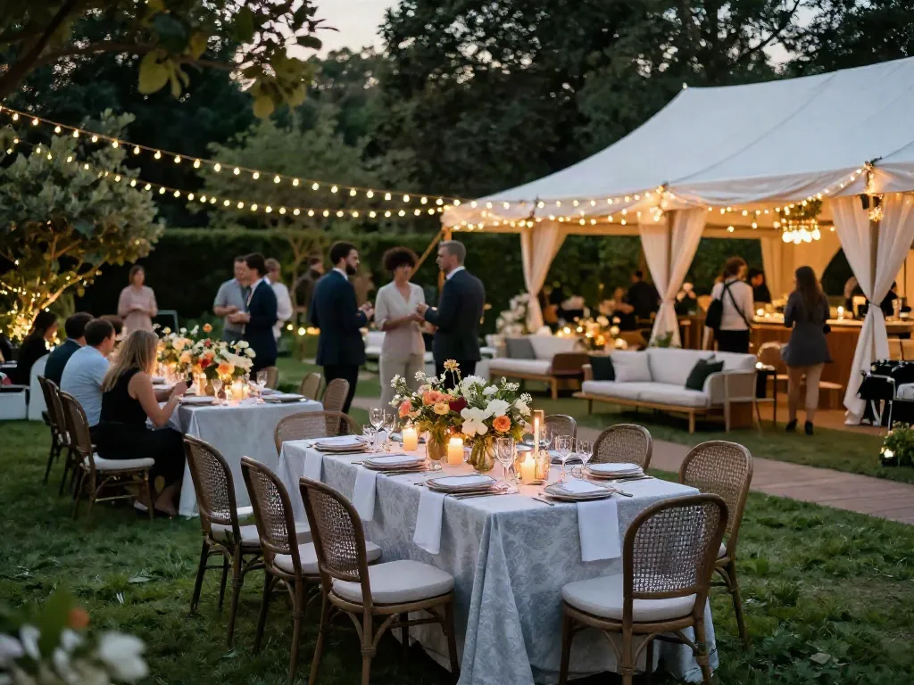 Event furniture rental showcased at an elegant outdoor garden party with stylish seating and decorations.