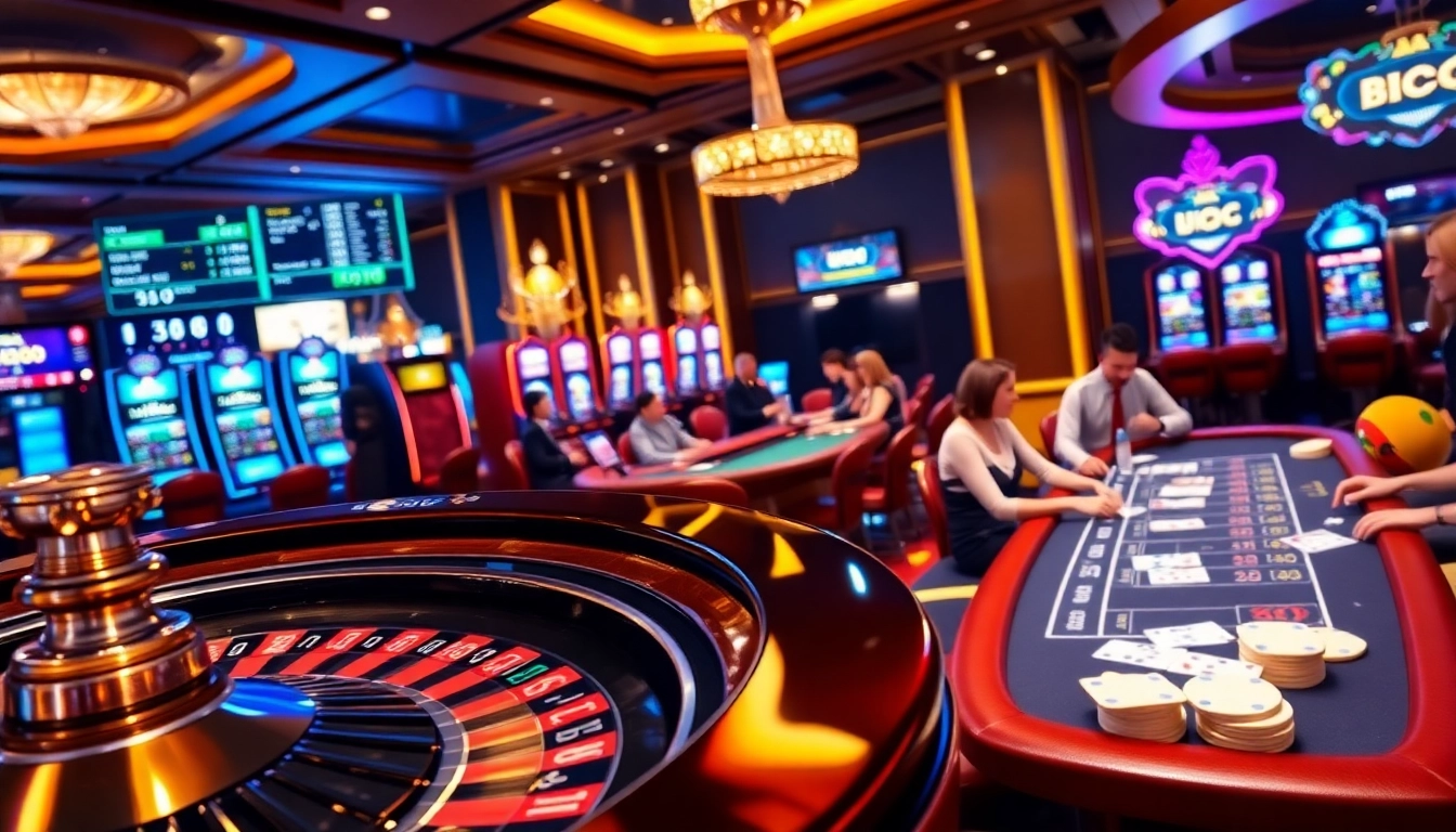 Experience thrilling gambling action at U888's online casino featuring vibrant slots and card tables.