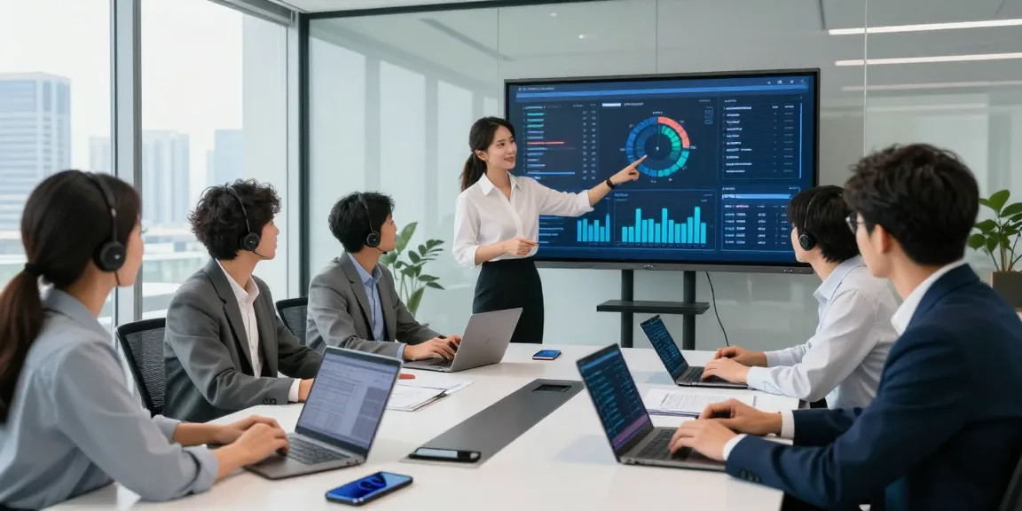 IT support for business team discussing innovative solutions in a modern office.