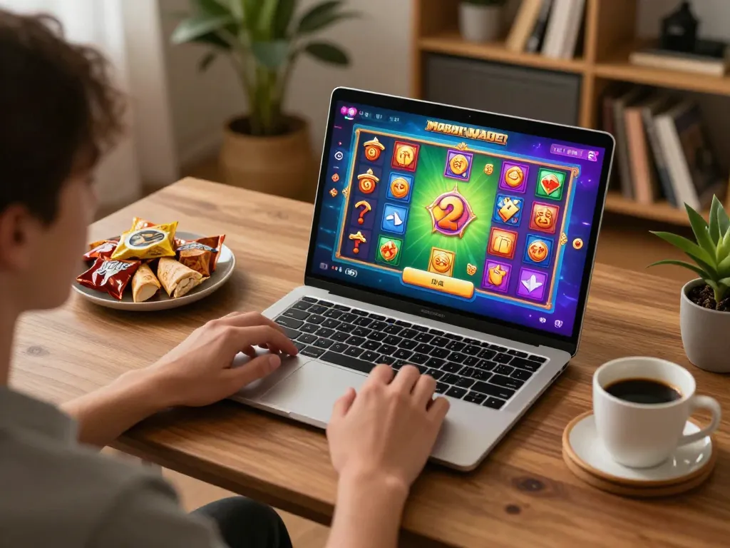 Player enjoying Mahjong Ways slot on a laptop in a cozy home setting with vibrant graphics displayed