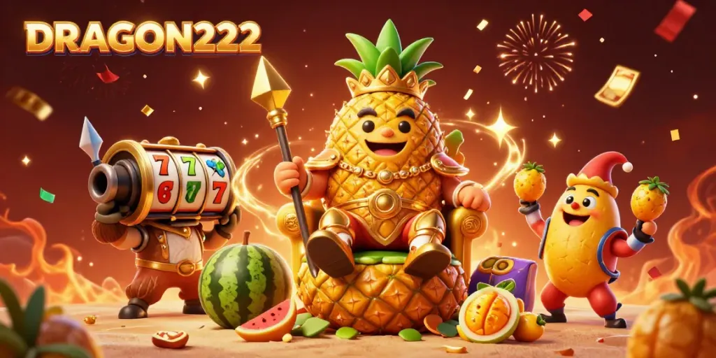 Engage with DRAGON222's vibrant online casino scene featuring a golden pineapple king and exciting gambling elements.