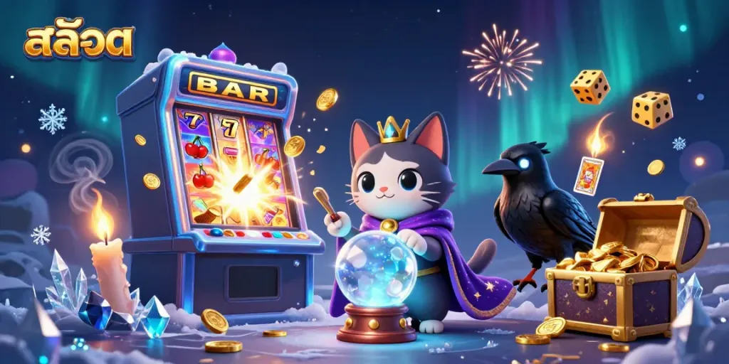 Experience exciting สล็อต gaming with vibrant visuals of fortune tellers, slot machines, and treasure.